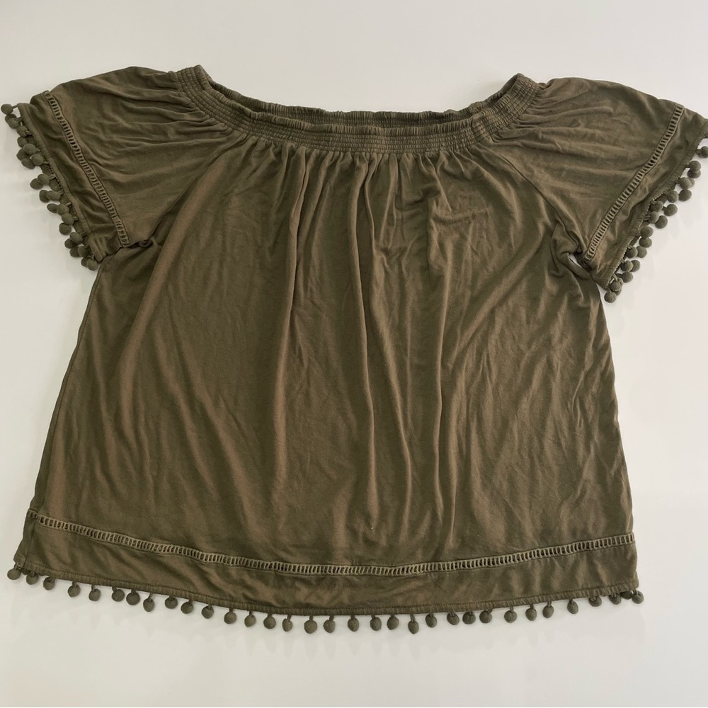 Wishlist Olive Green Off-Shoulder Pom Pom Trim Boho Top Large